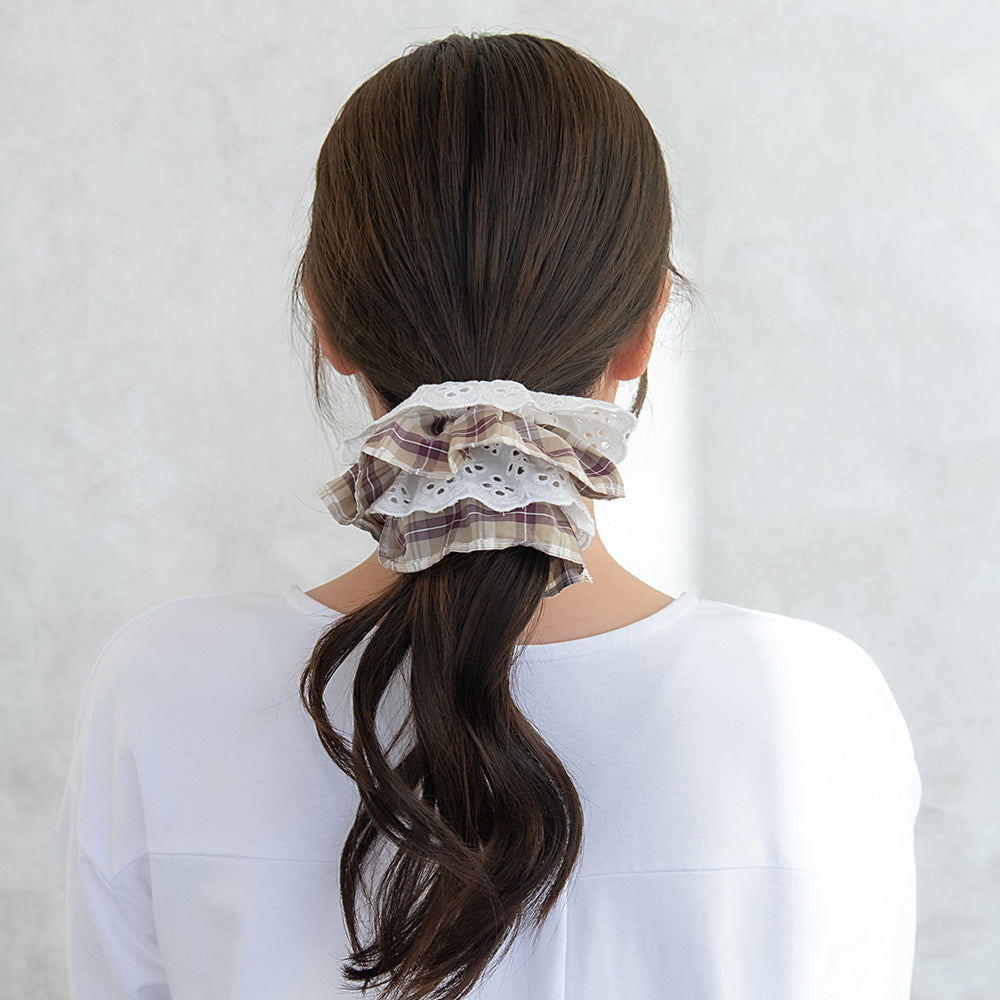 Lace and Plaid Layered Scrunchie - osewaya