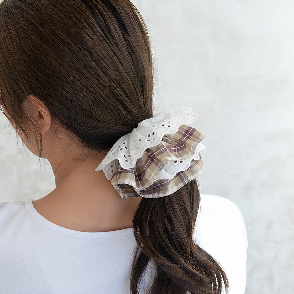 Lace and Plaid Layered Scrunchie
