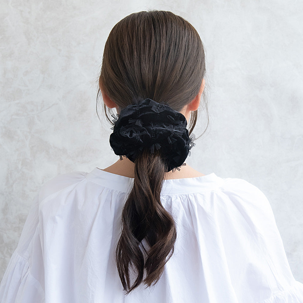 Scattered Bow Black Velvet Scrunchie