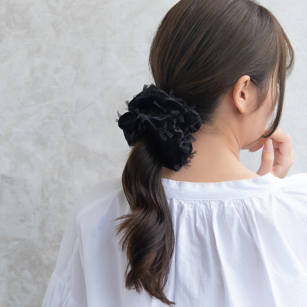Scattered Bow Black Velvet Scrunchie