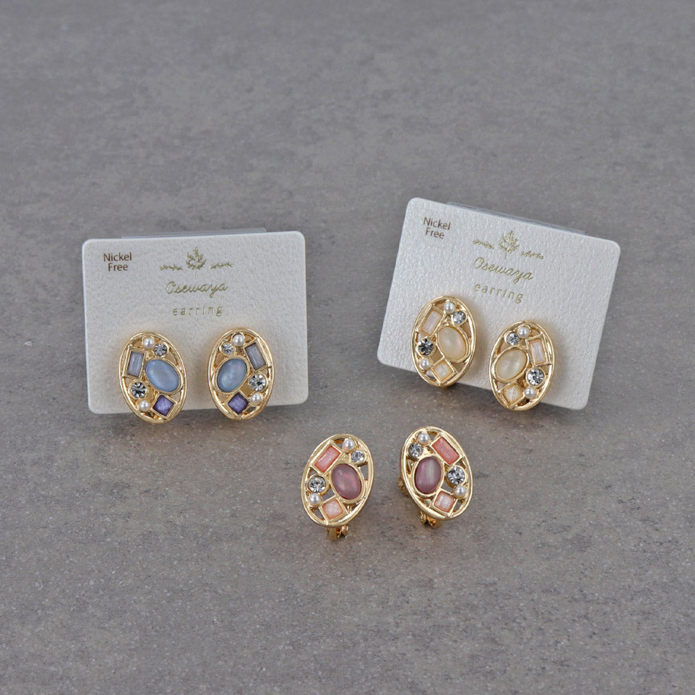 Multi Bijou Oval Clip On Earrings