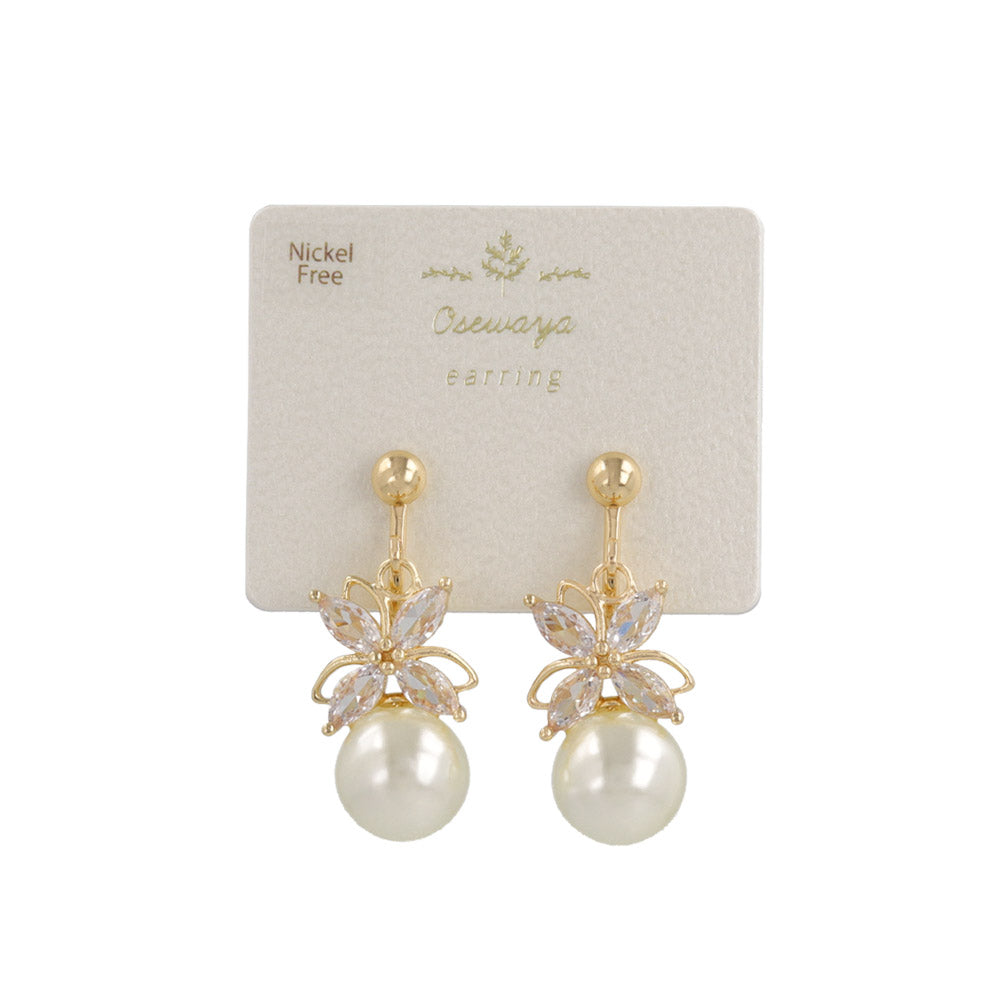 CZ Flower and Pearl Clip On Earrings
