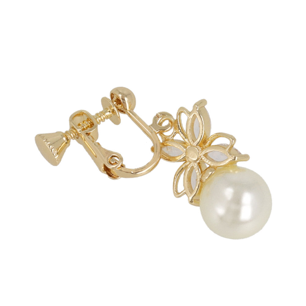 CZ Flower and Pearl Clip On Earrings
