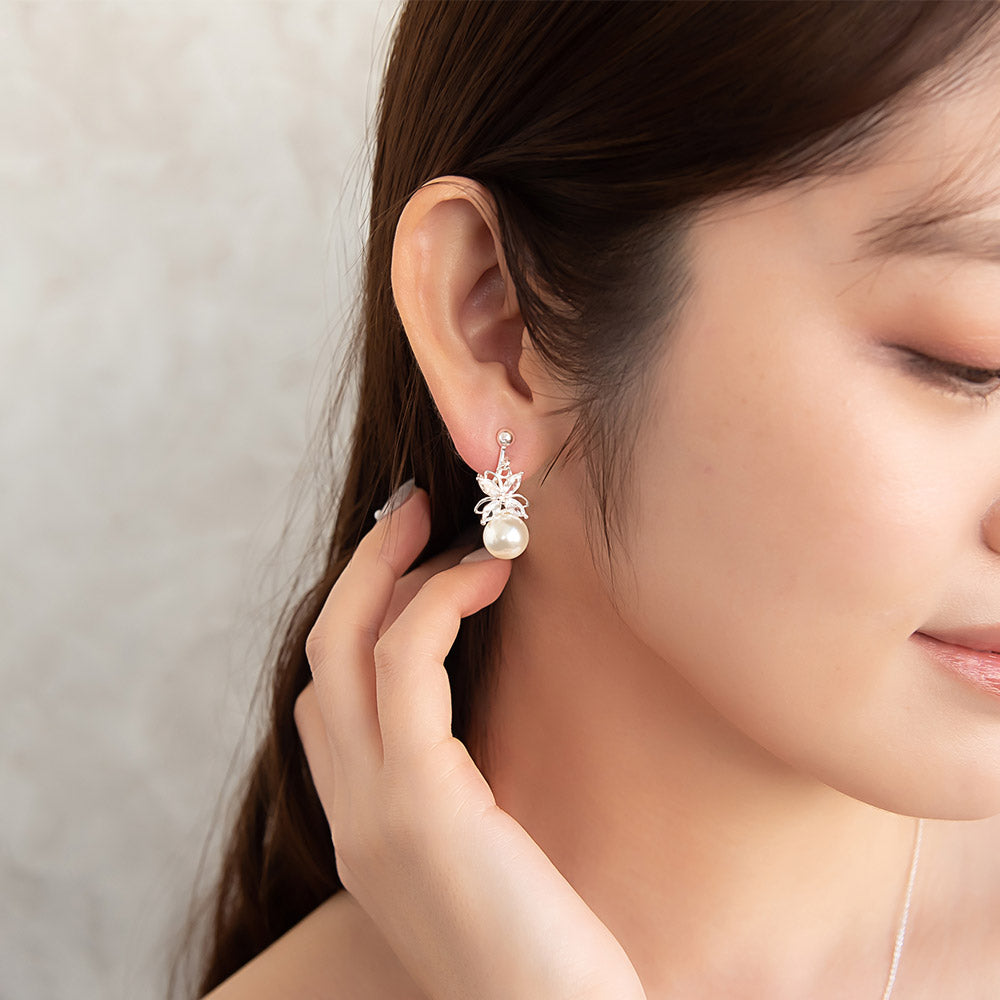CZ Flower and Pearl Clip On Earrings