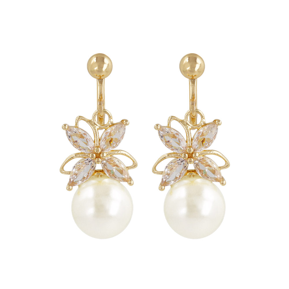 CZ Flower and Pearl Clip On Earrings
