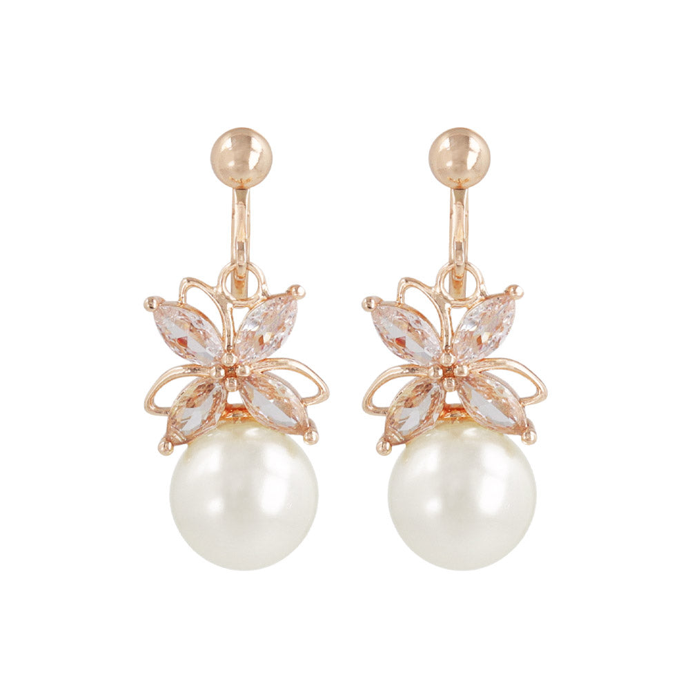 CZ Flower and Pearl Clip On Earrings