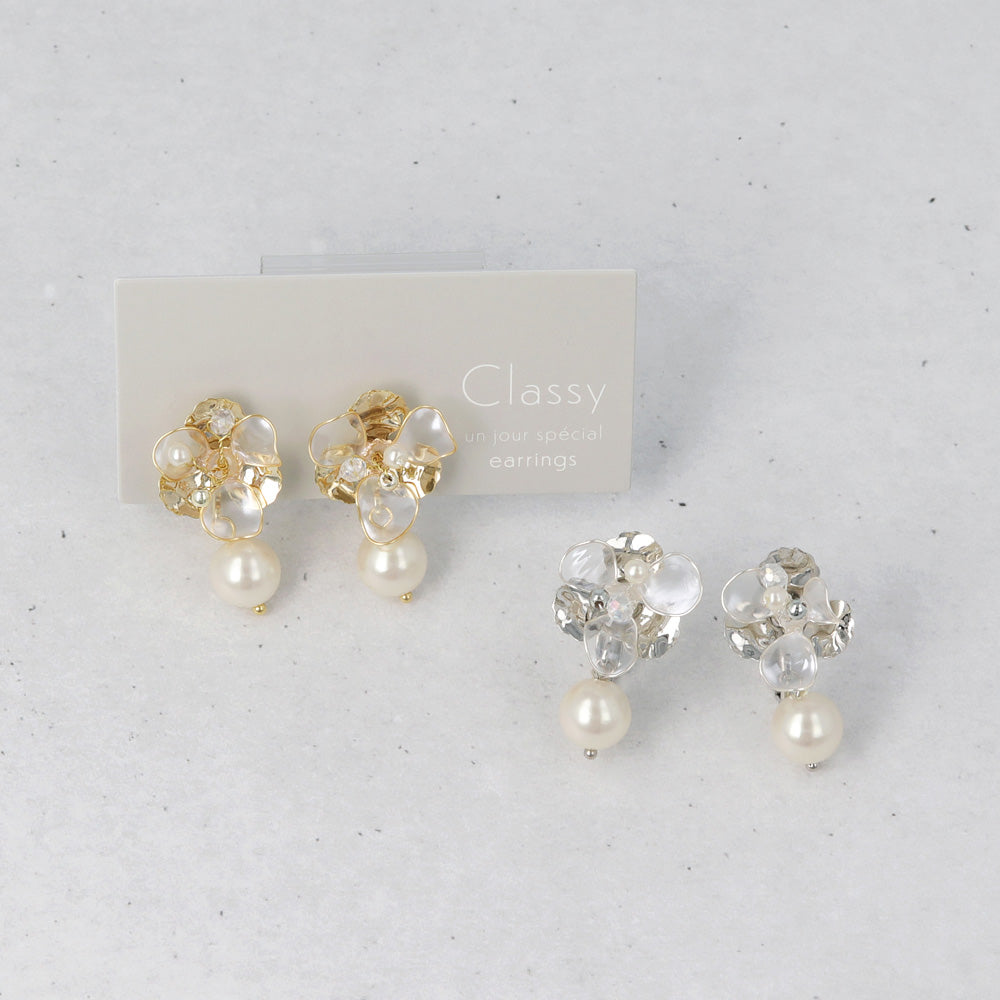 Mixed Petal Flower Pearl Drop Clip Ons - osewaya