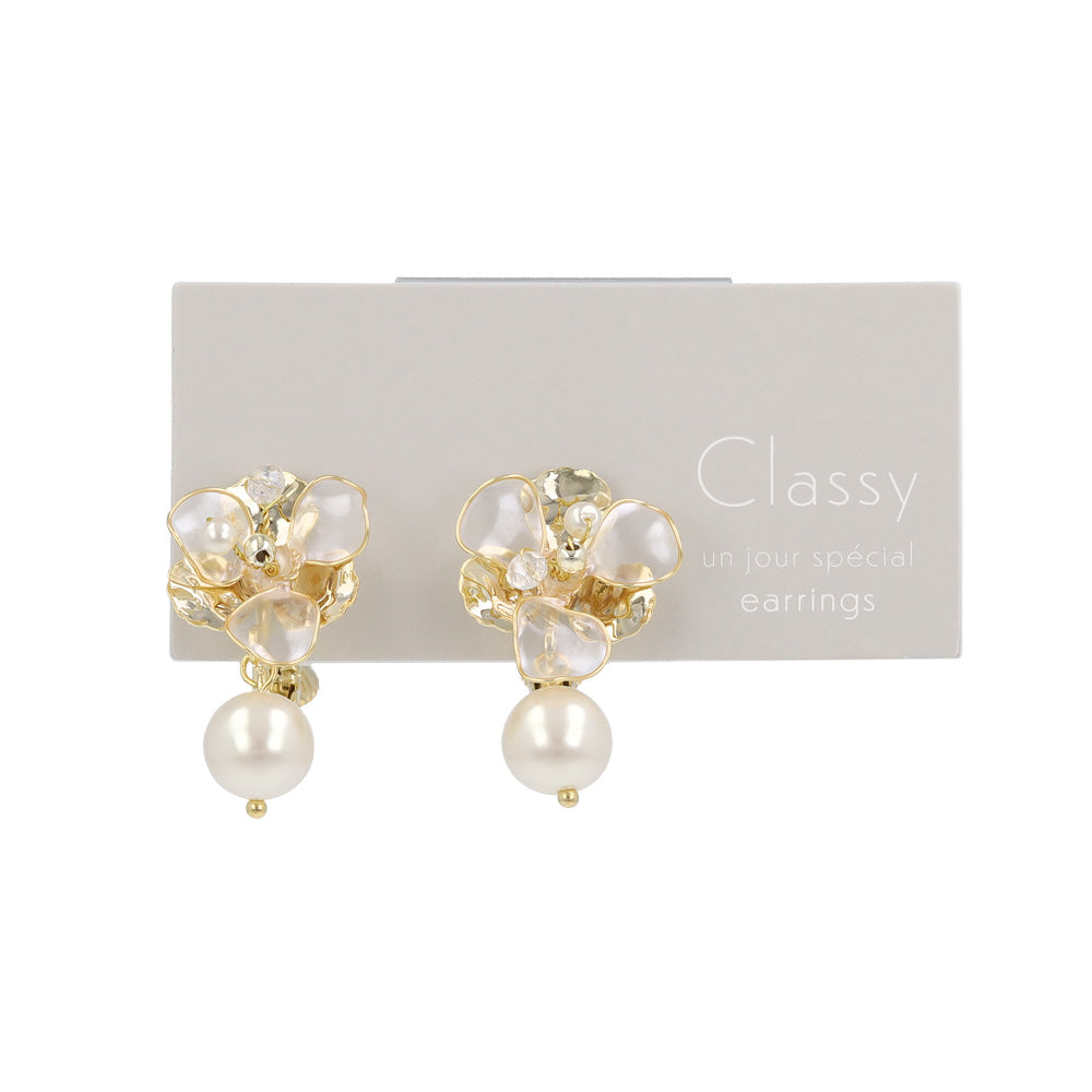 Mixed Petal Flower Pearl Drop Clip Ons