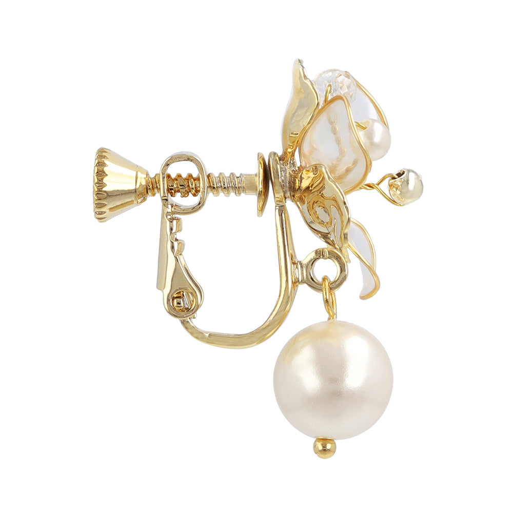 Mixed Petal Flower Pearl Drop Clip Ons
