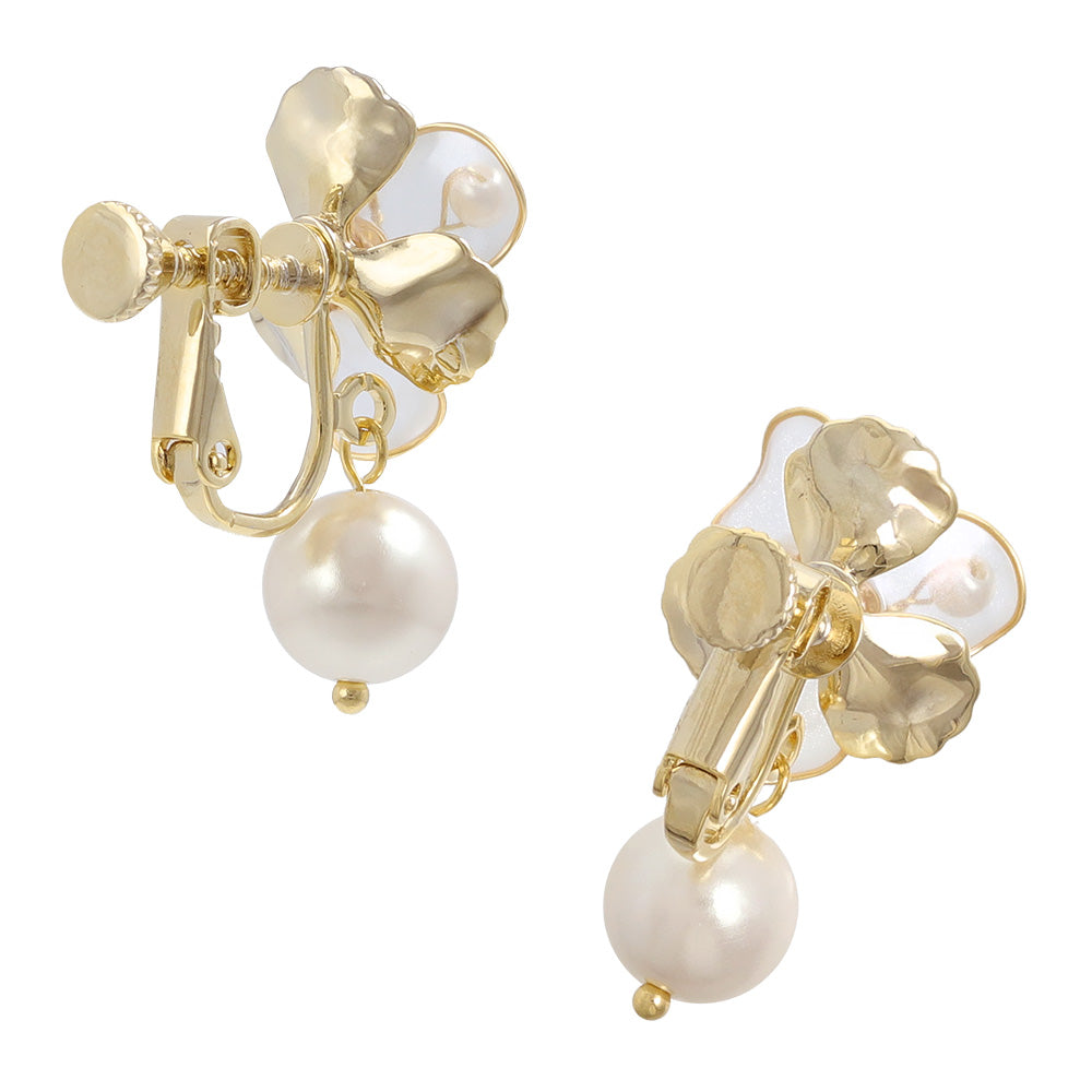 Mixed Petal Flower Pearl Drop Clip Ons