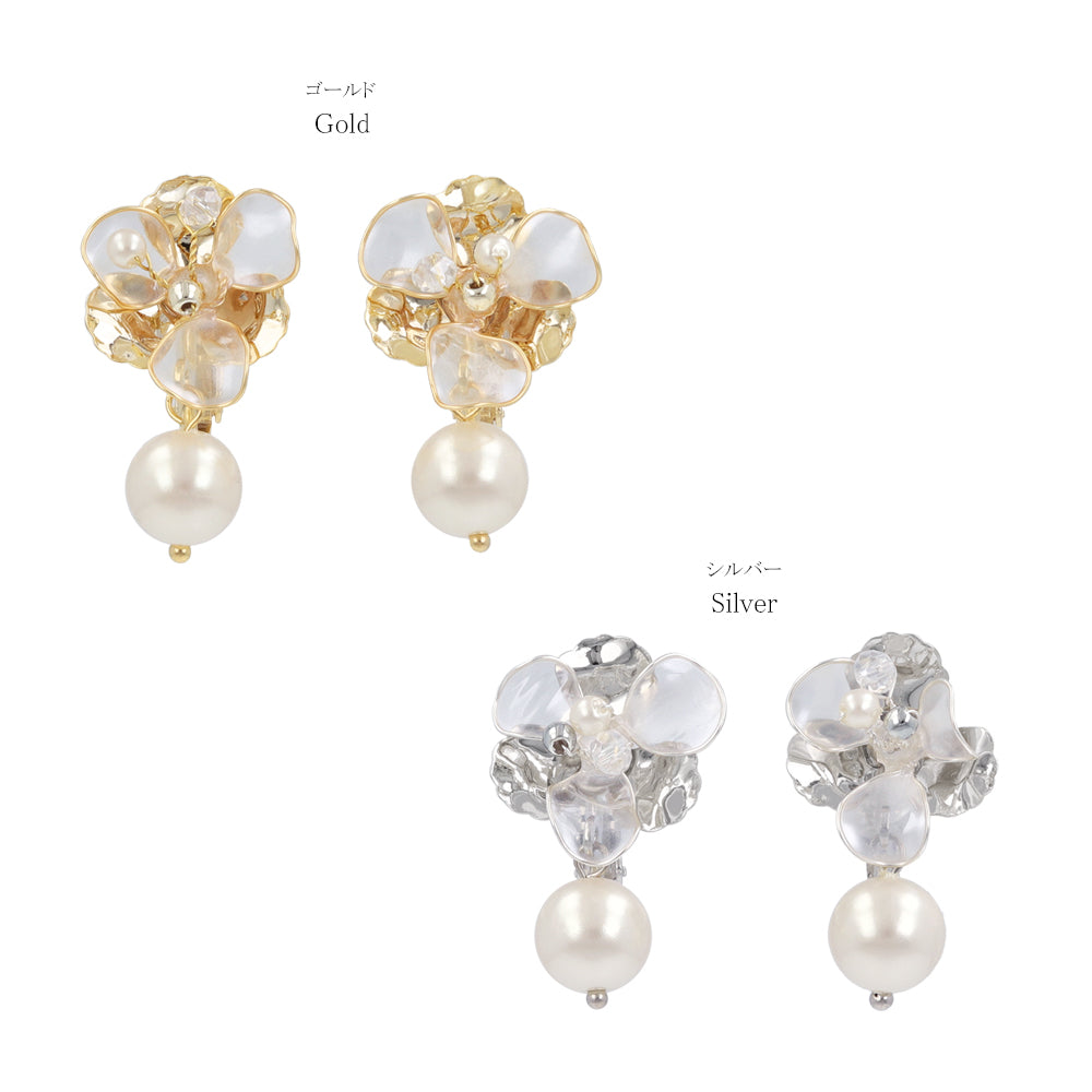 Mixed Petal Flower Pearl Drop Clip Ons