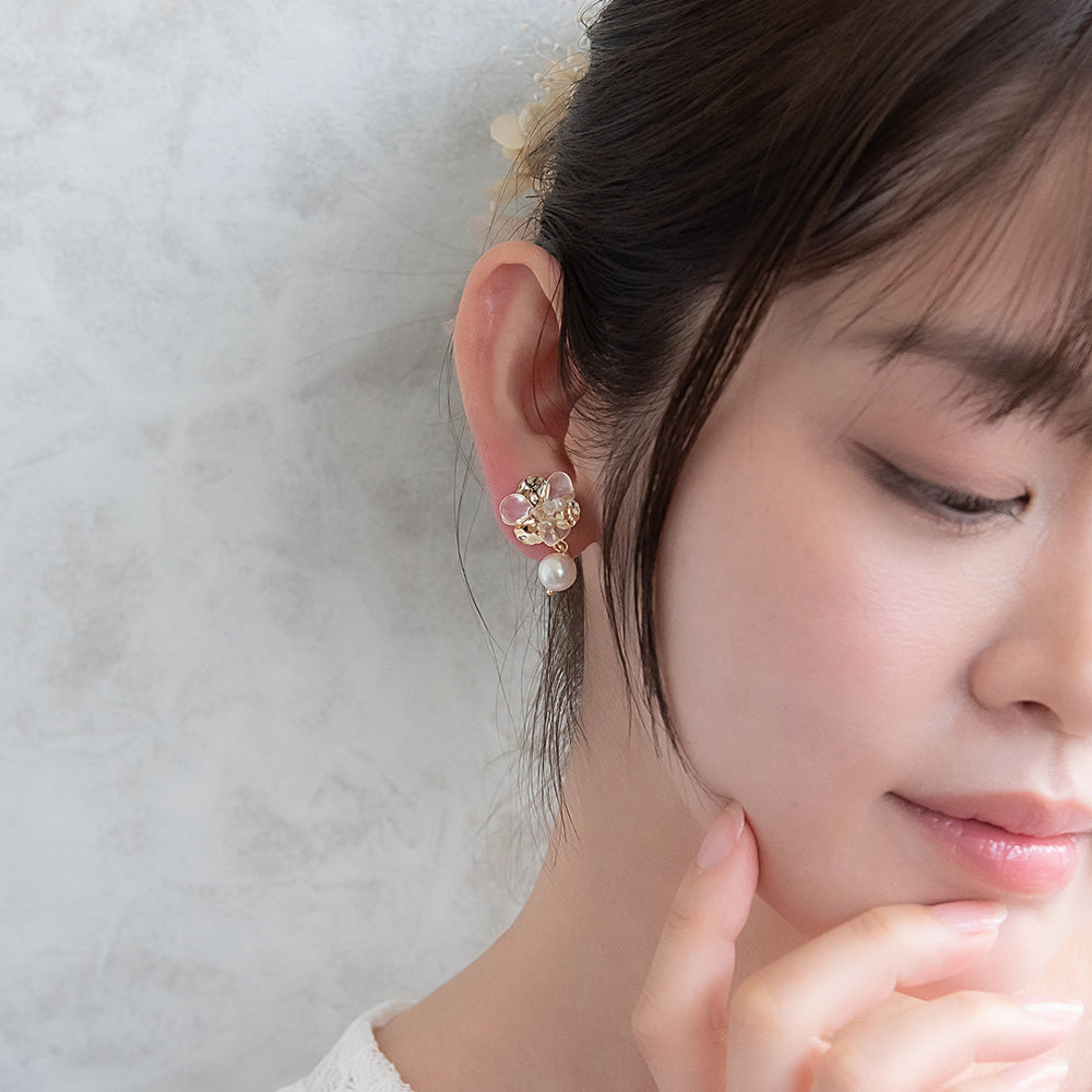 Mixed Petal Flower Pearl Drop Clip Ons