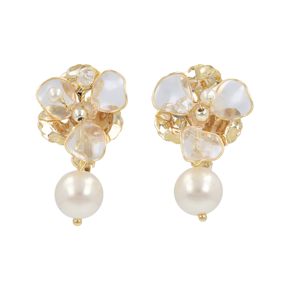 Mixed Petal Flower Pearl Drop Clip Ons