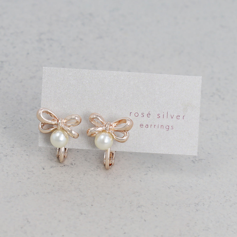Rose Silver Tone Bow and Pearl Clip Ons