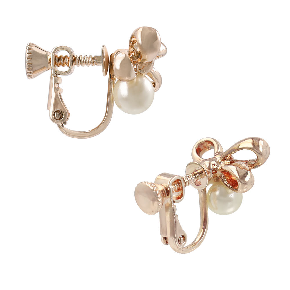 Rose Silver Tone Bow and Pearl Clip Ons