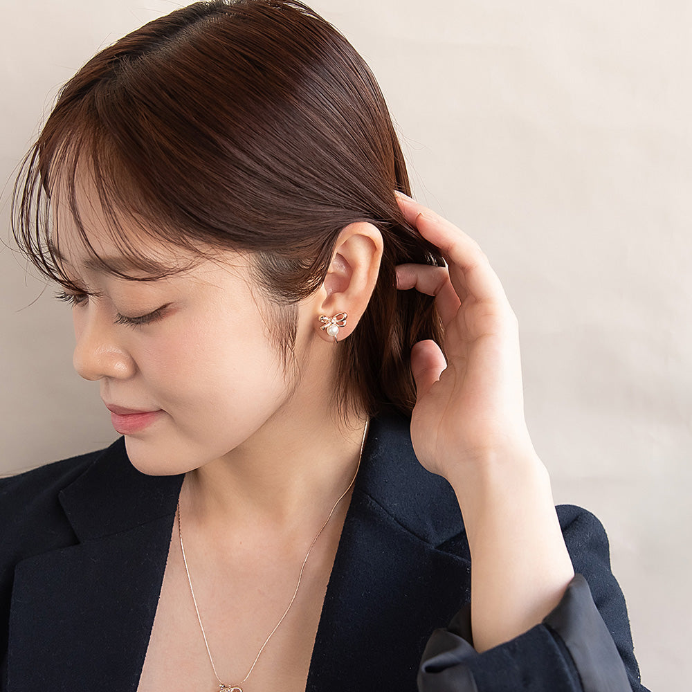 Rose Silver Tone Bow and Pearl Clip Ons