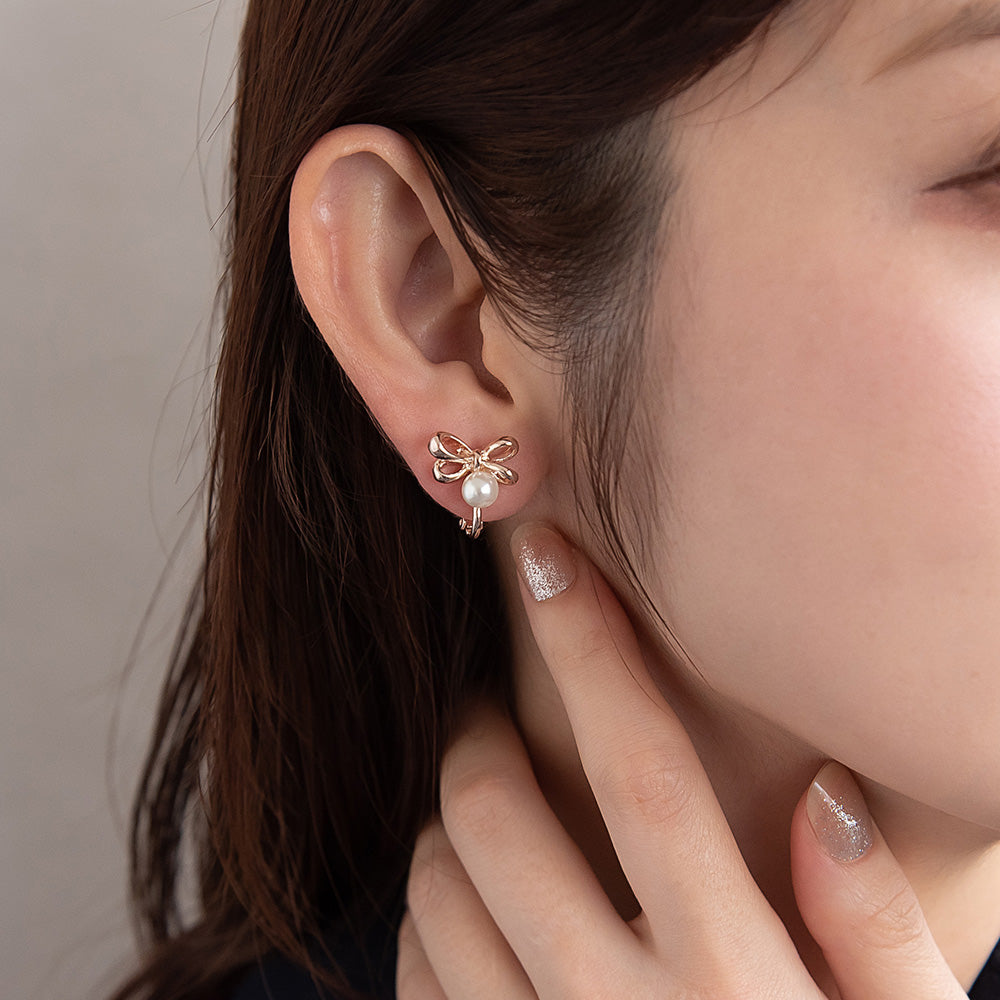 Rose Silver Tone Bow and Pearl Clip Ons