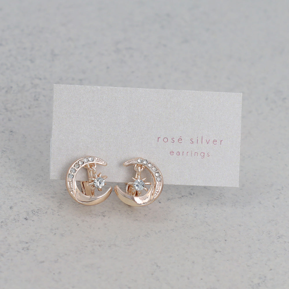 Rose Silver Tone Sparkling Moon Clip Ons
