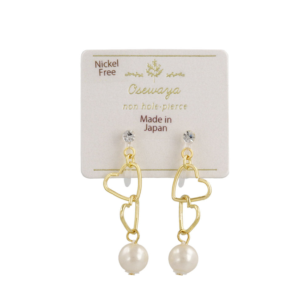 Heart Link Pearl Drop Invisible Clip Ons