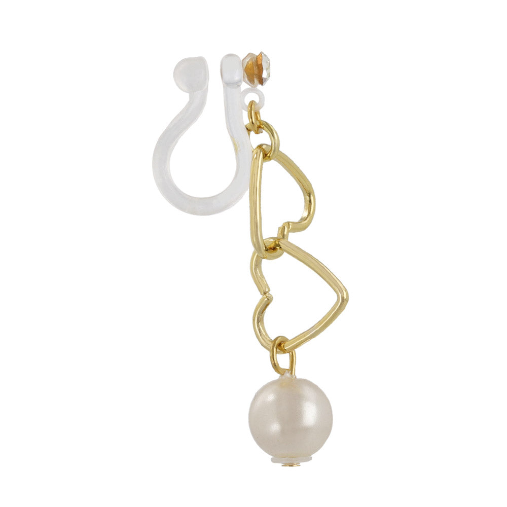 Heart Link Pearl Drop Invisible Clip Ons