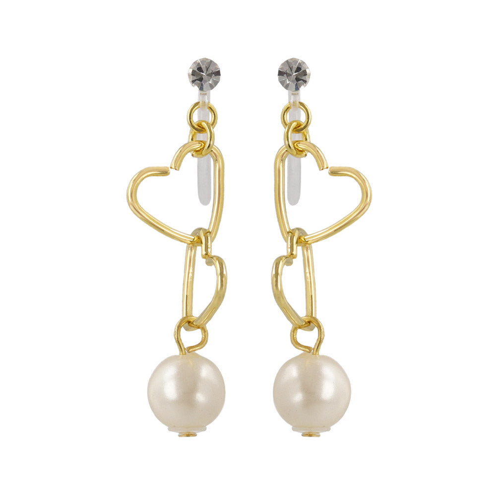 Heart Link Pearl Drop Invisible Clip Ons