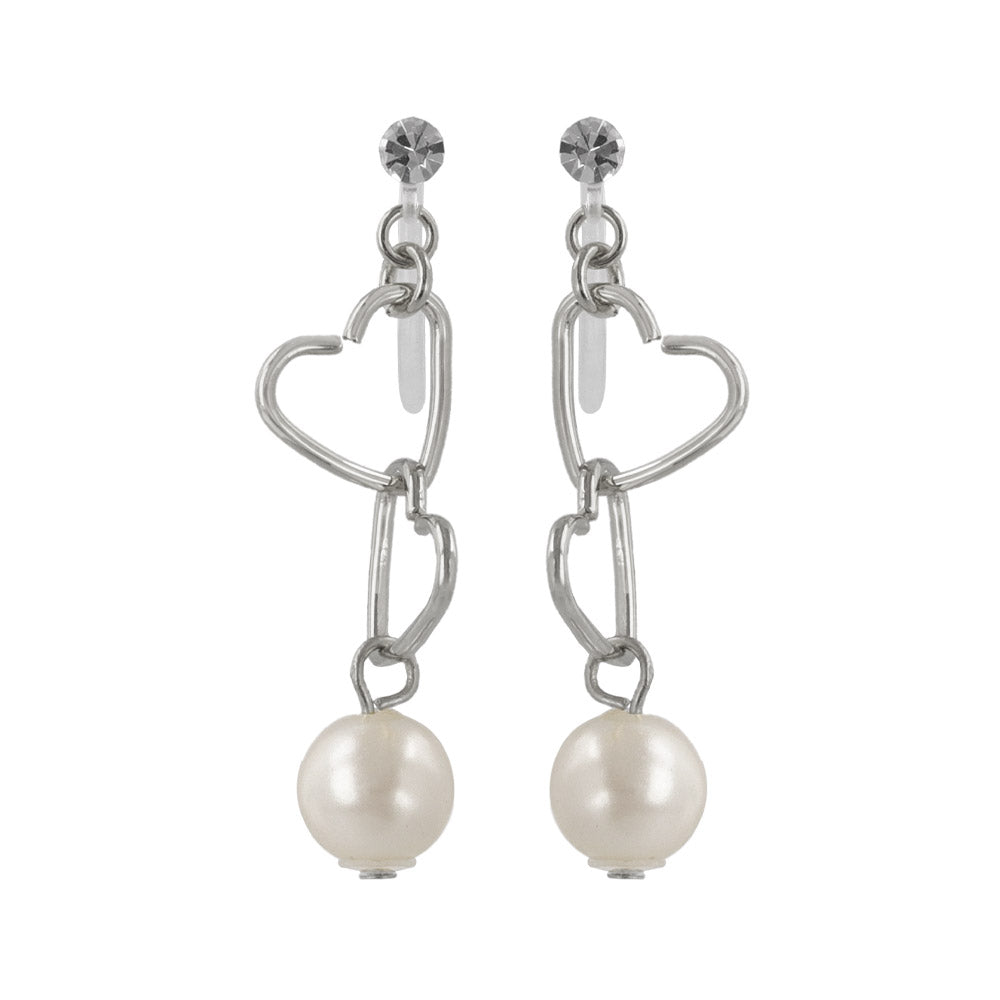 Heart Link Pearl Drop Invisible Clip Ons
