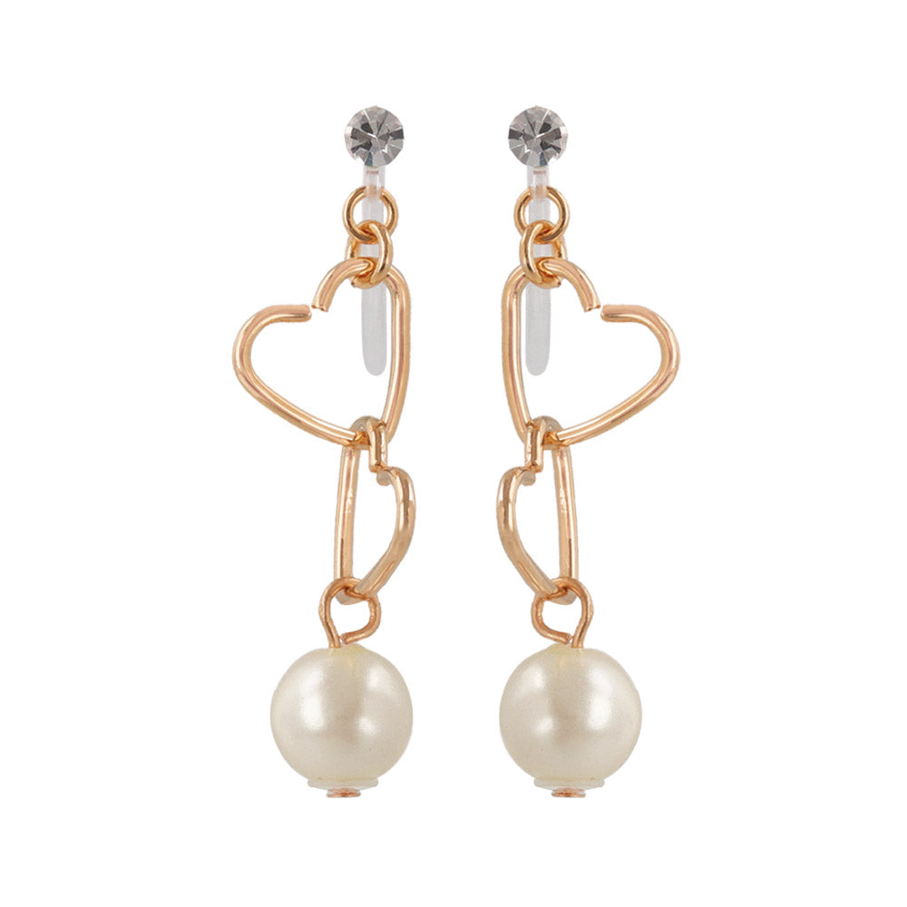 Heart Link Pearl Drop Invisible Clip Ons