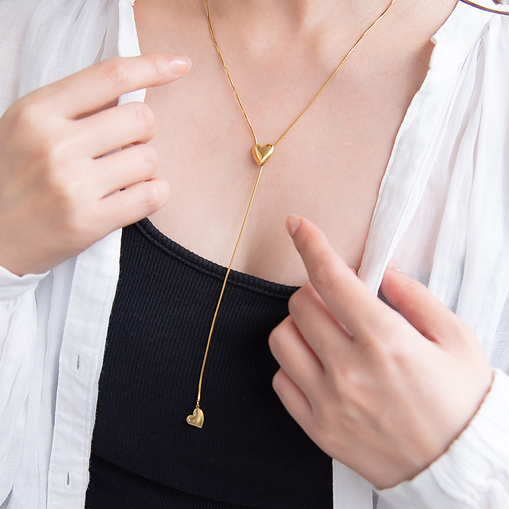 Double Heart Slider Lariat Necklace