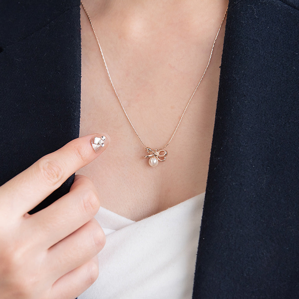 Rose Silver Tone Bow and Pearl Slider Necklace