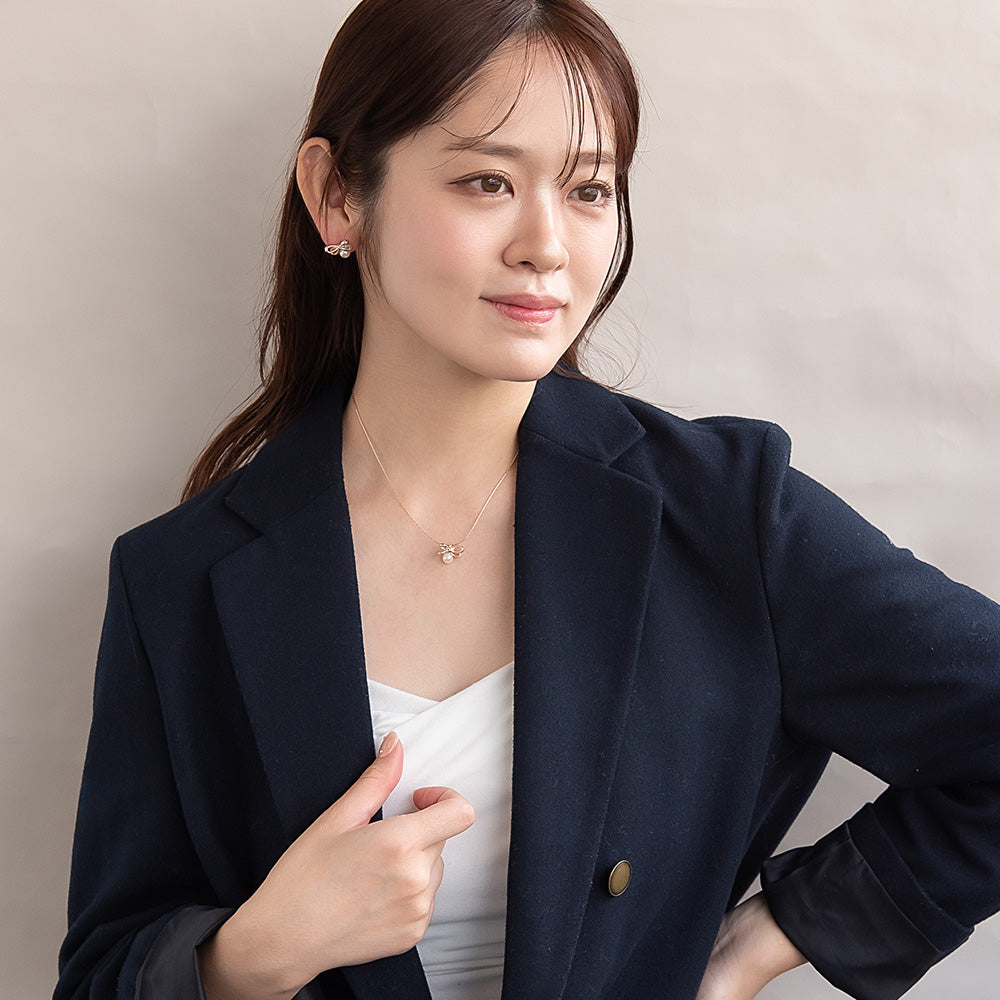 Rose Silver Tone Bow and Pearl Slider Necklace