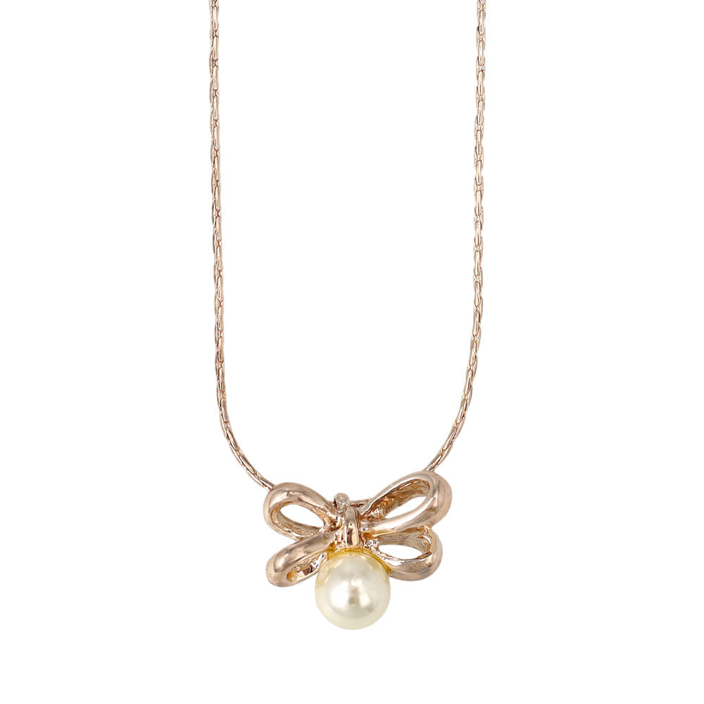 Rose Silver Tone Bow and Pearl Slider Necklace