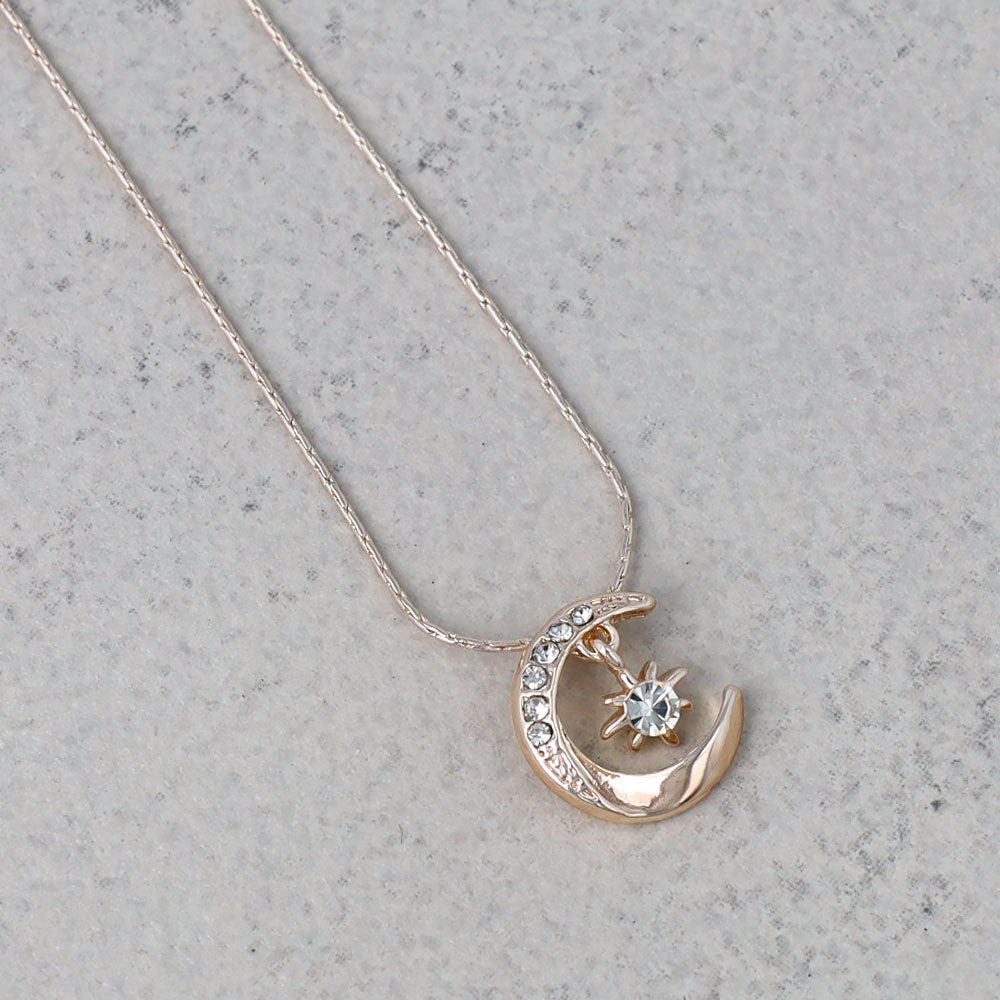 Rose Silver Tone Sparkling Moon Necklace