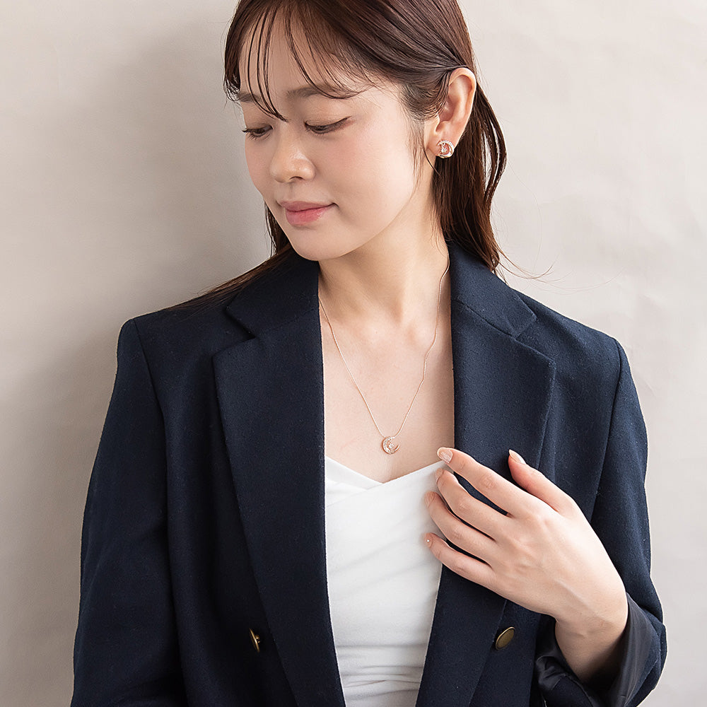 Rose Silver Tone Sparkling Moon Necklace