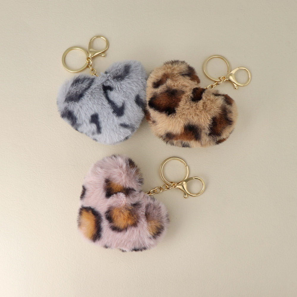 Fluffy Leopard Print Heart Keychain - osewaya