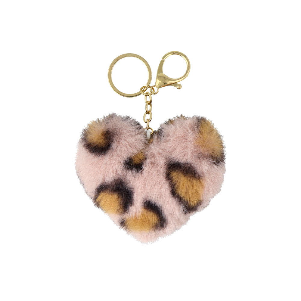 Fluffy Leopard Print Heart Keychain