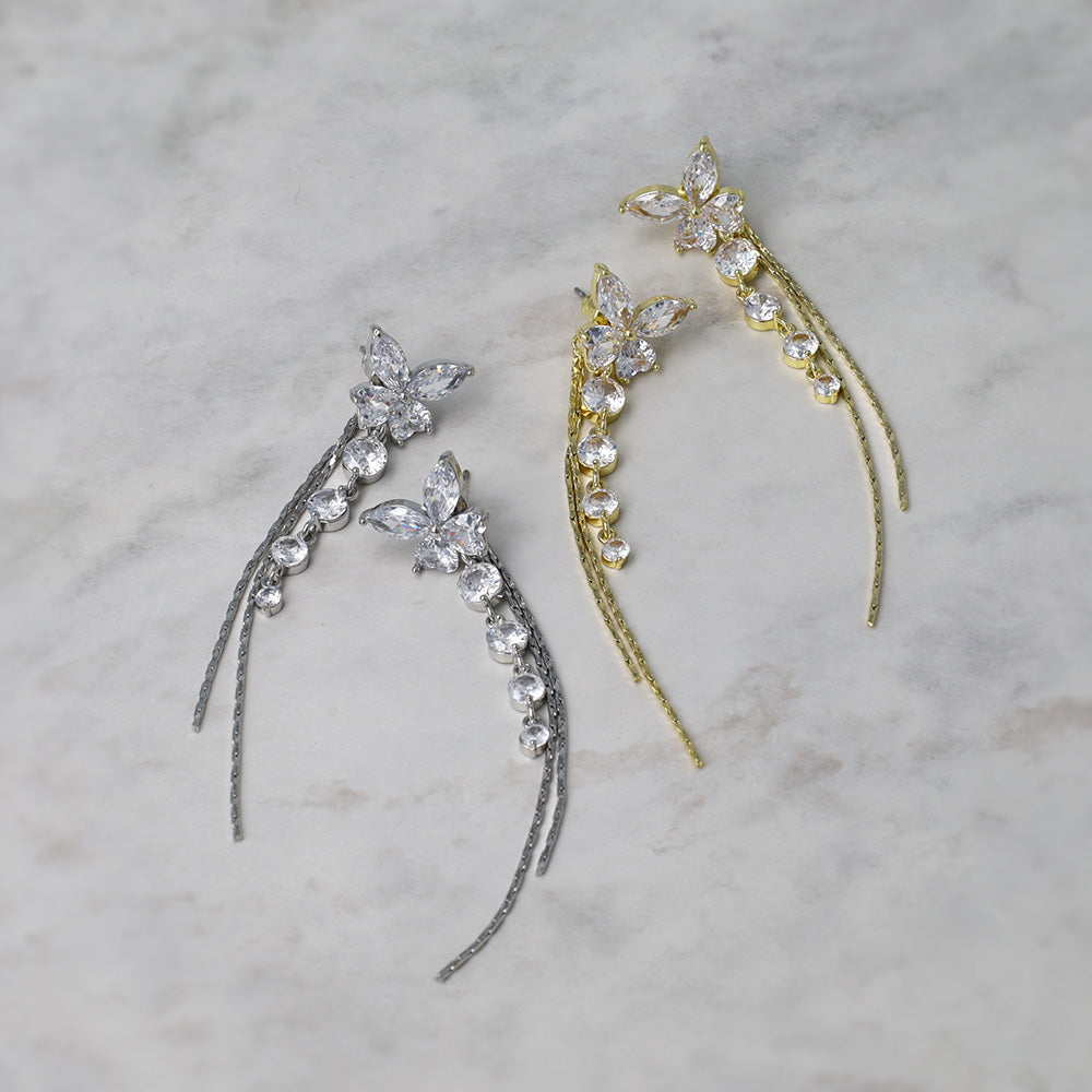 CZ Butterfly Long Drop Front Back Earrings - osewaya