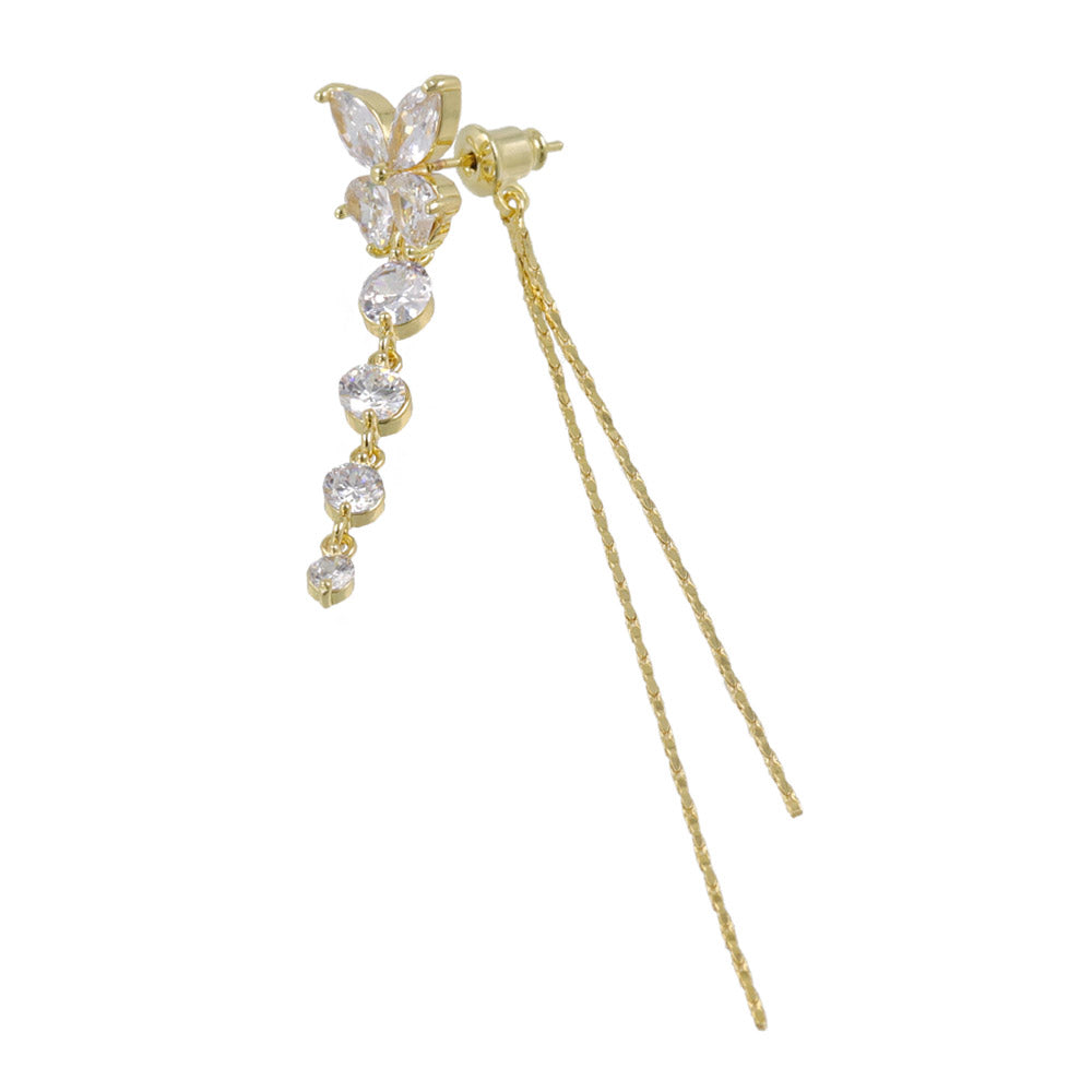 CZ Butterfly Long Drop Front Back Earrings