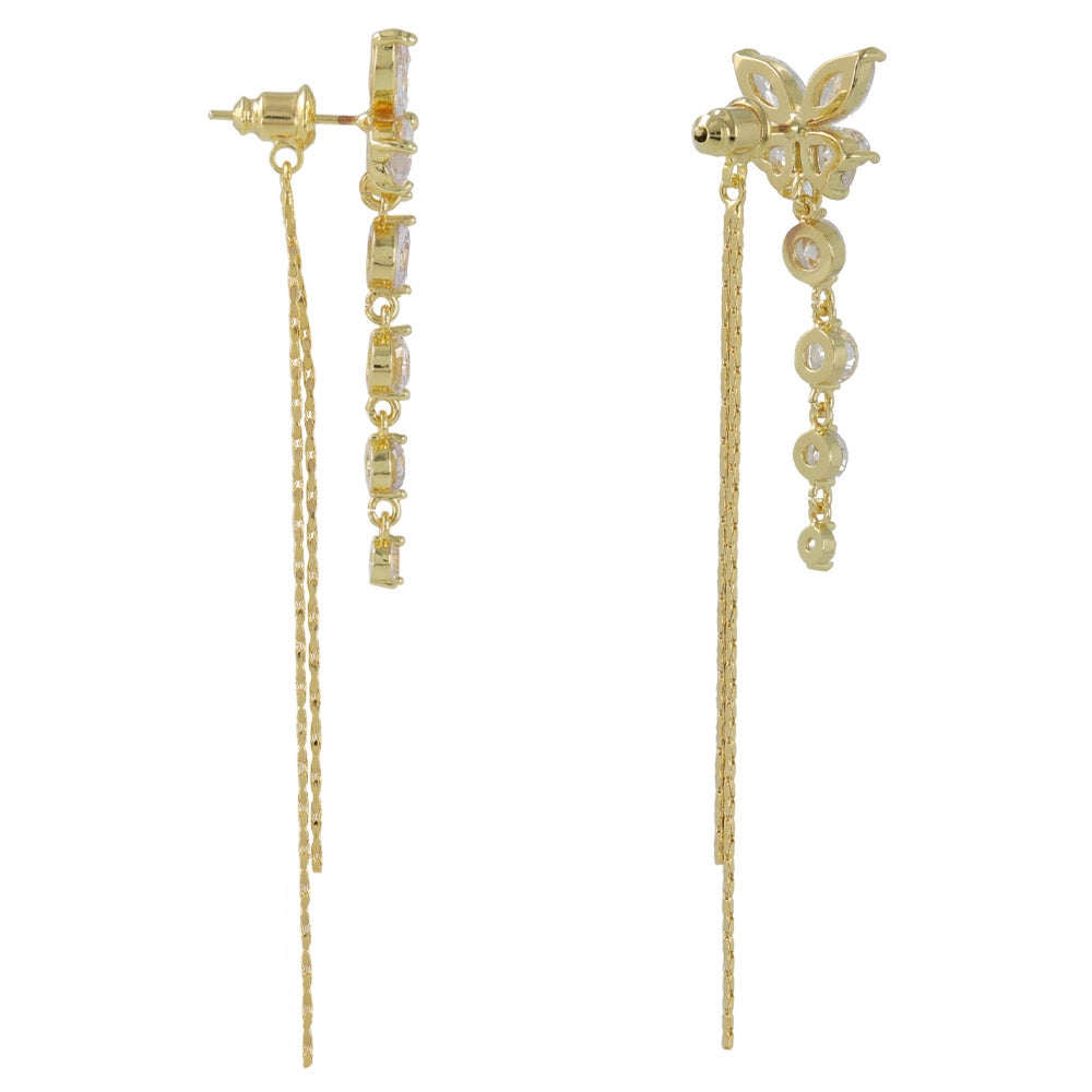CZ Butterfly Long Drop Front Back Earrings