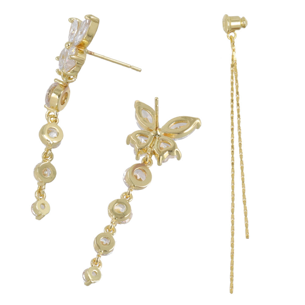 CZ Butterfly Long Drop Front Back Earrings