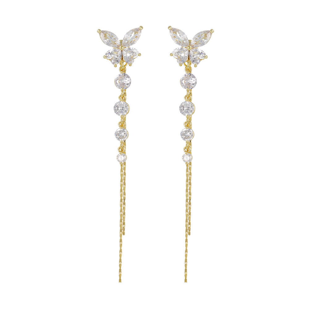 CZ Butterfly Long Drop Front Back Earrings