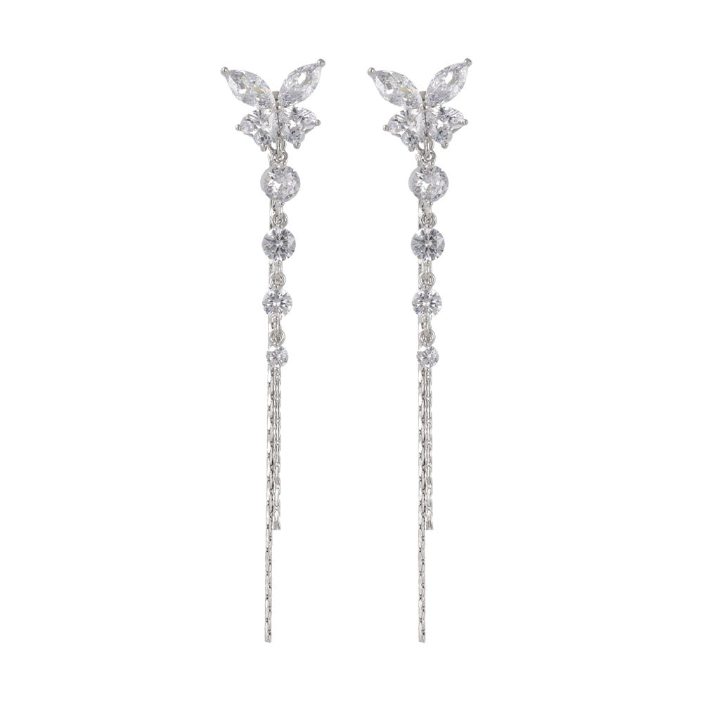 CZ Butterfly Long Drop Front Back Earrings