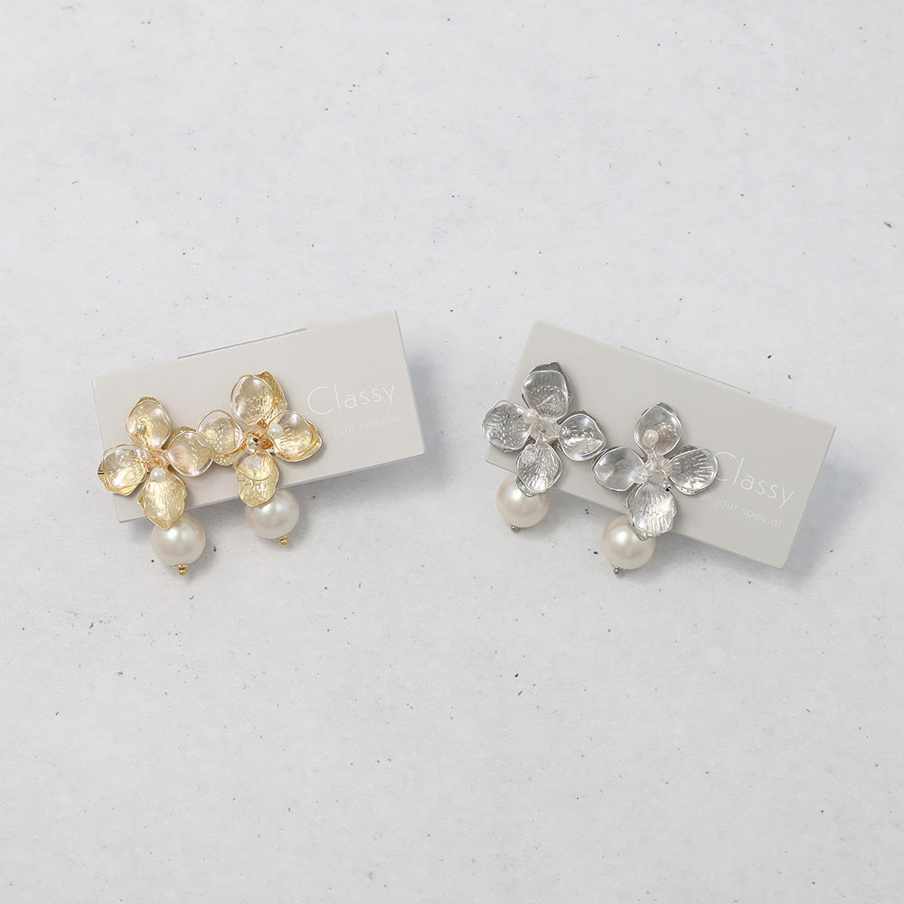Mixed Petal Flower Pearl Front Back Earrings - osewaya