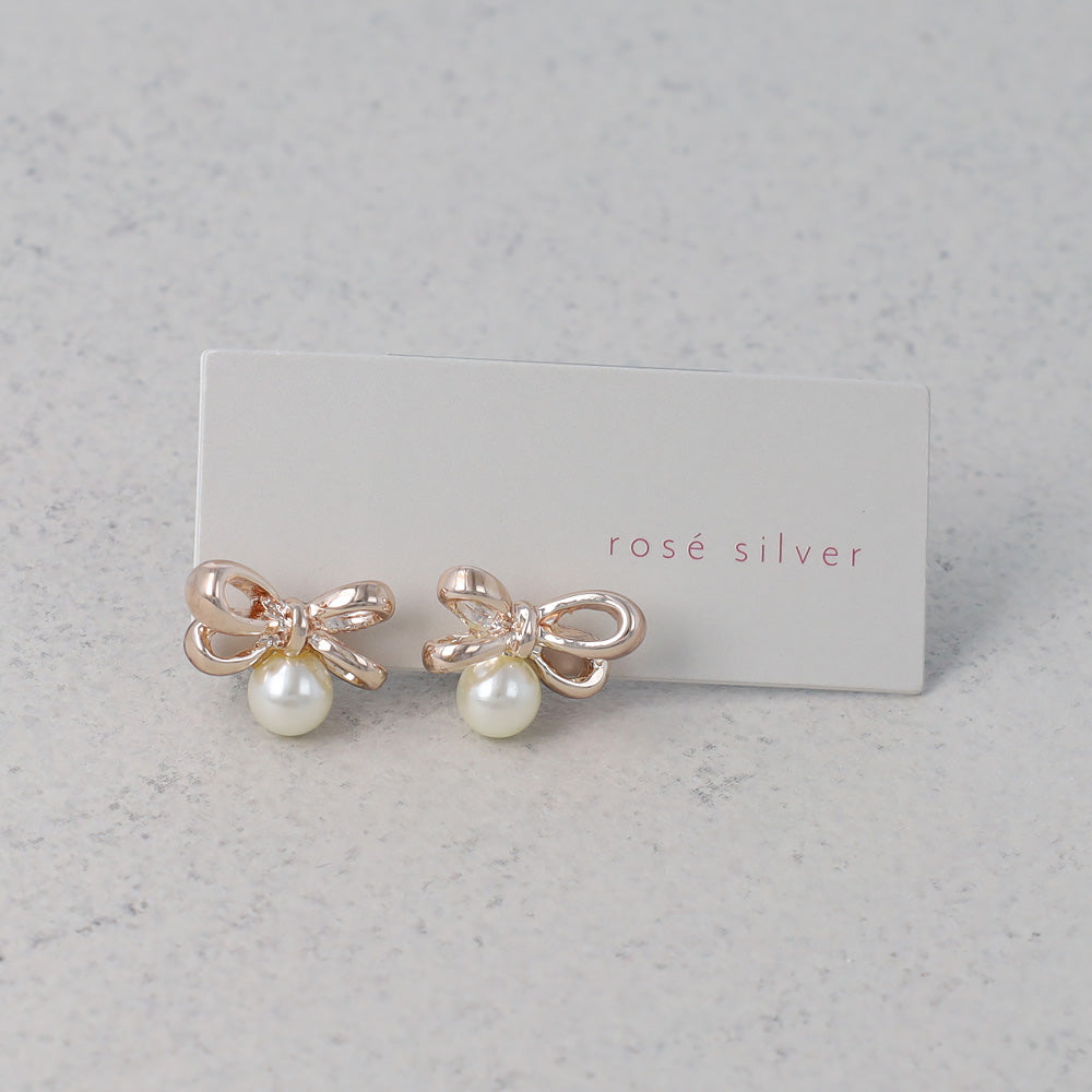 Rose Silver Tone Bow and Pearl Earrings