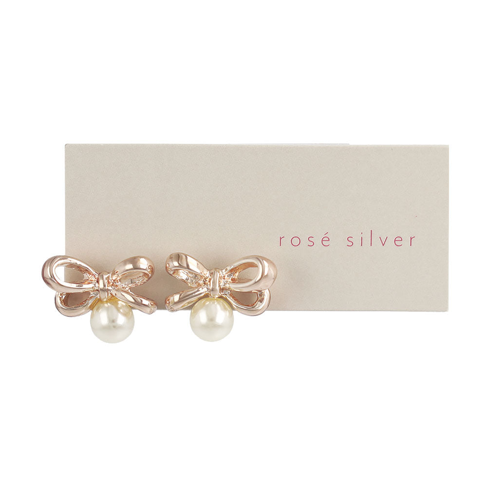 Rose Silver Tone Bow and Pearl Earrings