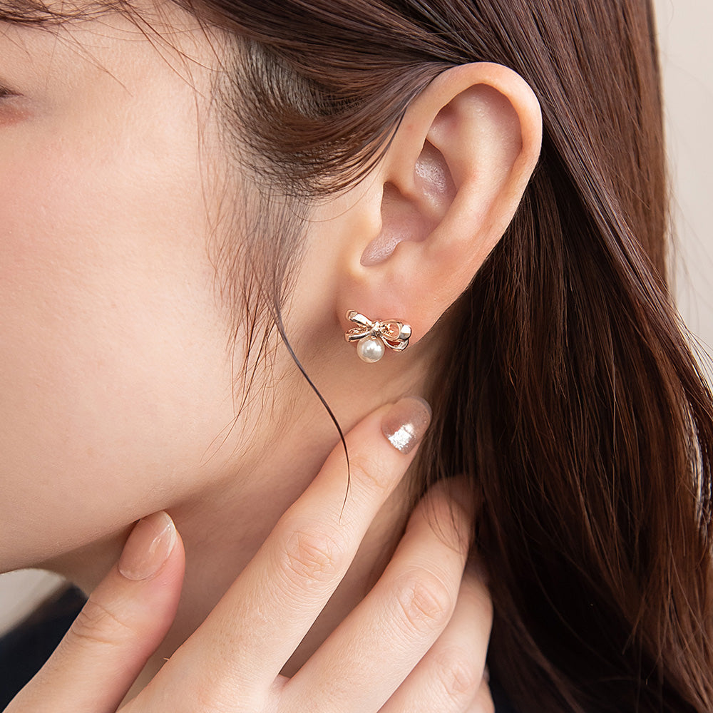 Rose Silver Tone Bow and Pearl Earrings