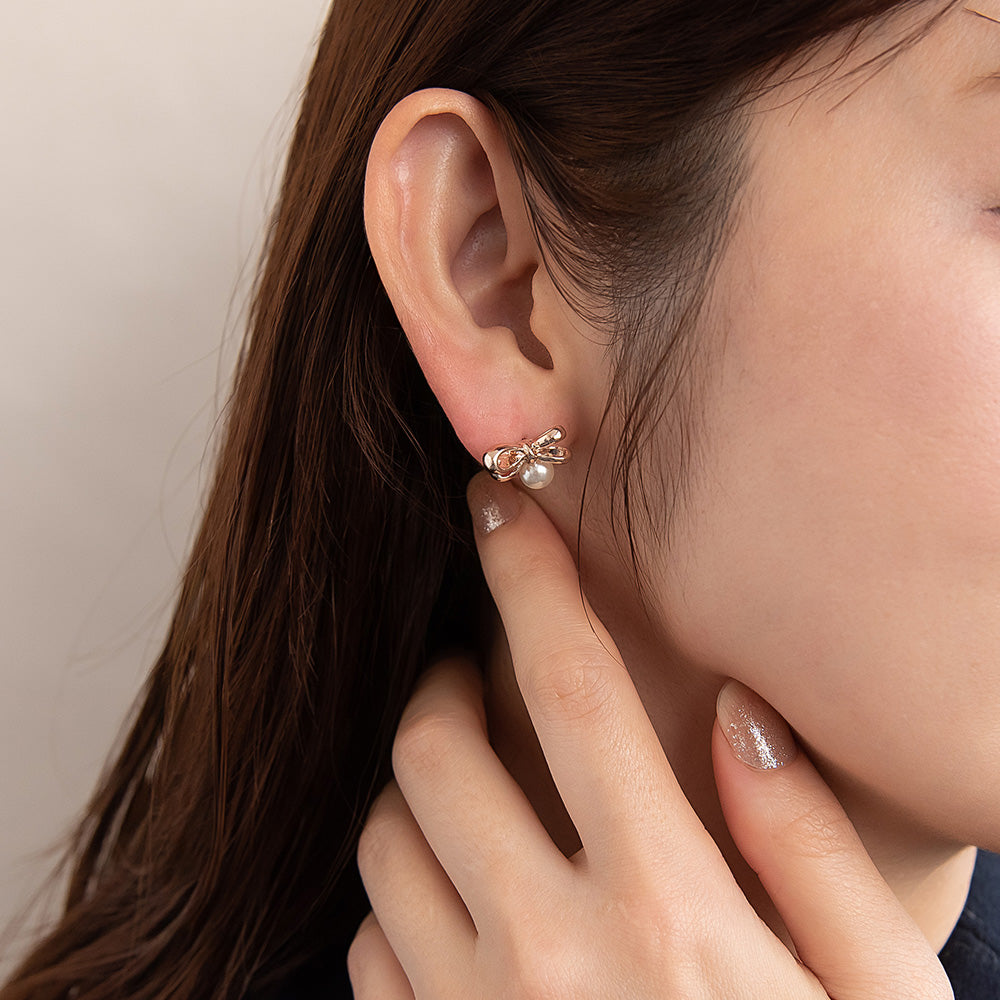 Rose Silver Tone Bow and Pearl Earrings