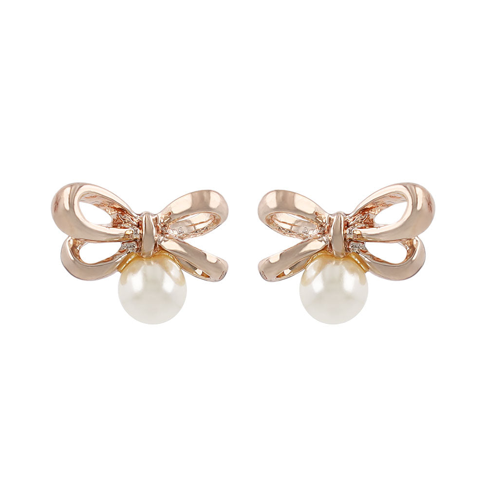 Rose Silver Tone Bow and Pearl Earrings