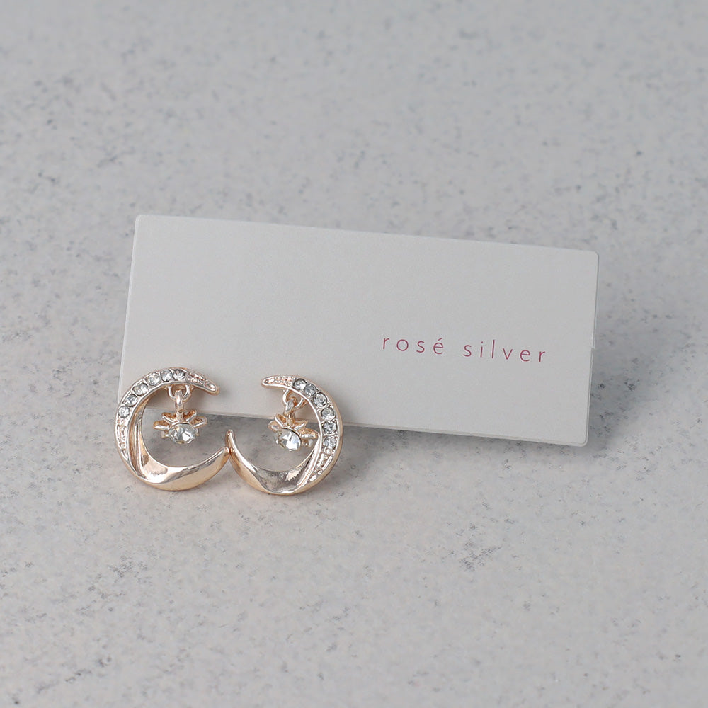 Rose Silver Tone Sparkling Moon Earrings
