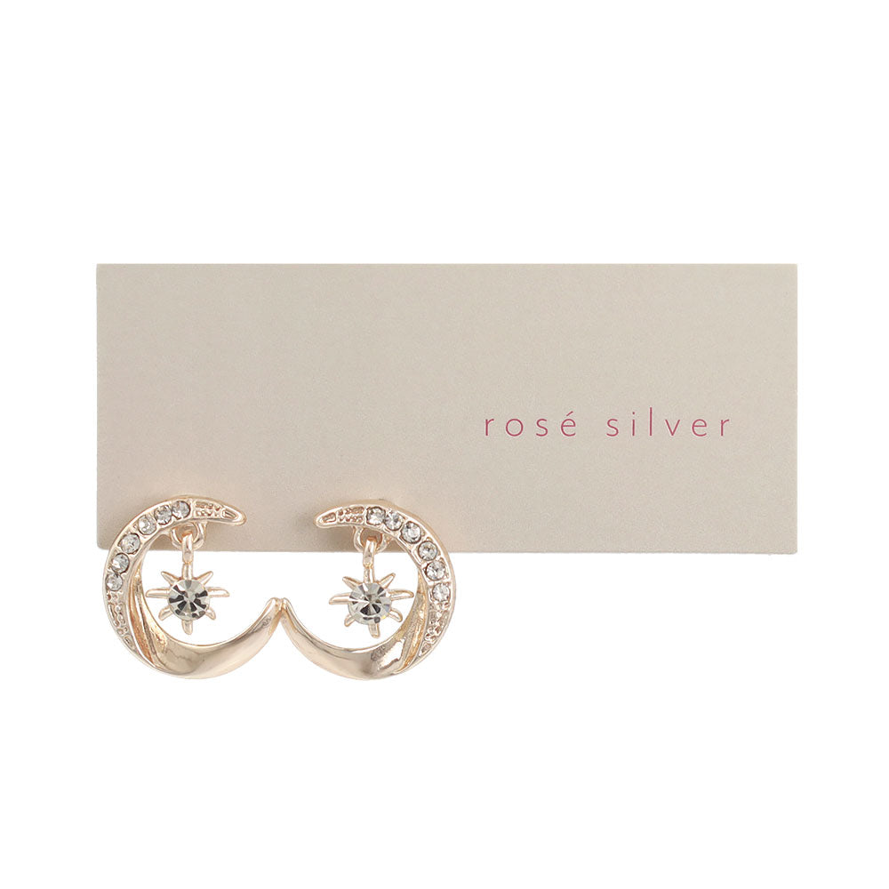 Rose Silver Tone Sparkling Moon Earrings