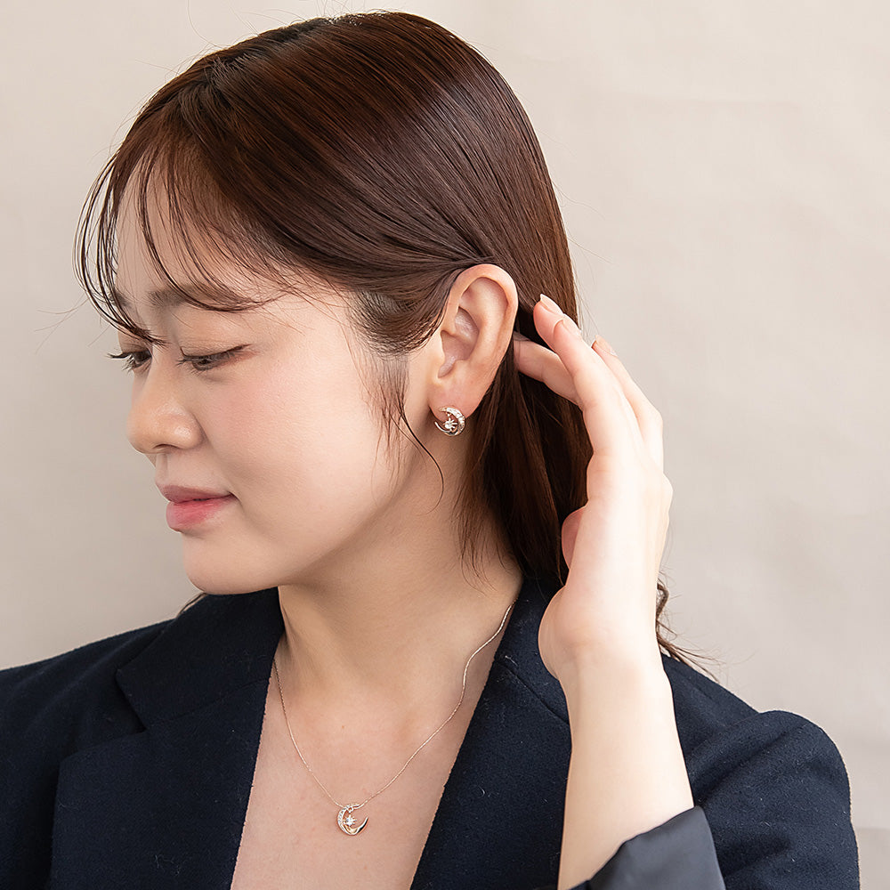 Rose Silver Tone Sparkling Moon Earrings